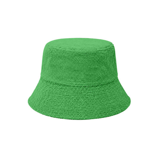 A green reversible bucket hat made from dual materials, featuring a textured surface and a simple design.
