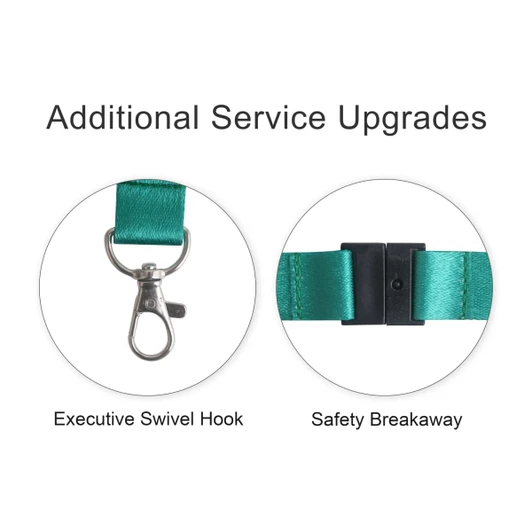 Two close-up images of a green lanyard featuring an executive swivel hook and a safety breakaway clasp.