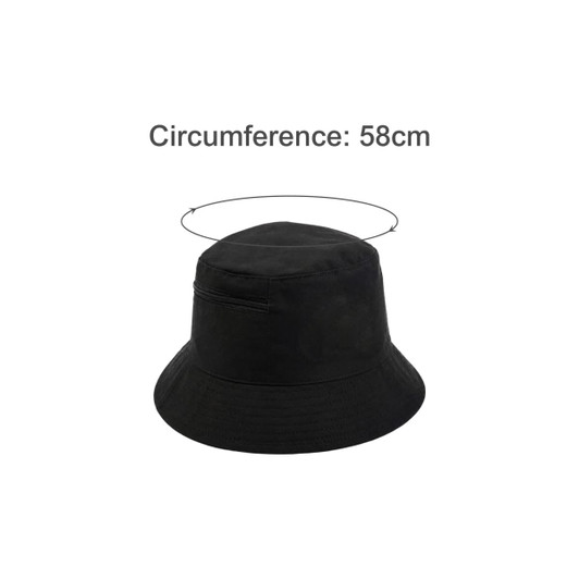 A black bucket hat featuring a card pocket and a circumference of 58cm. It has a simple, sleek design.