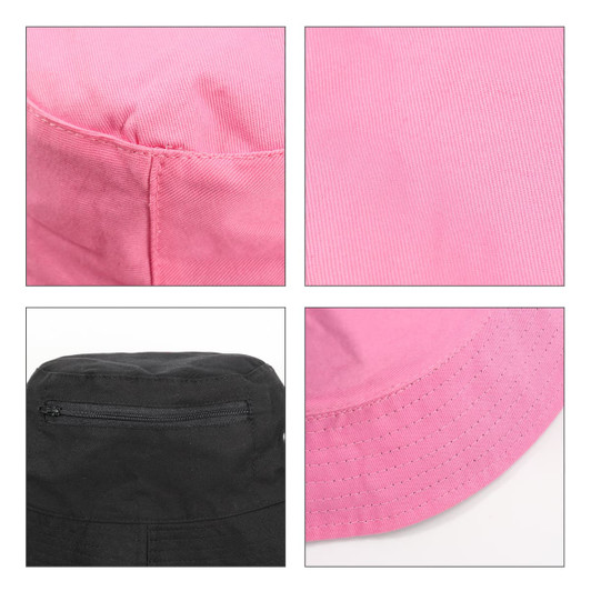 A pink bucket hat featuring a card pocket, showcasing stitching details and a black underside. The hat also has a logo.