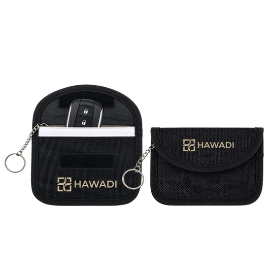 A black RFID blocking key pouch featuring a keyring attachment and an interior compartment for keys or cards.