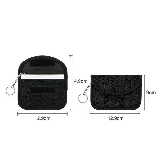 A black RFID blocking key pouch with dimensions displayed, featuring a zippered compartment and a key ring.