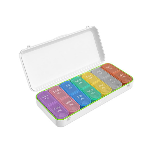 A 7-day pill organiser with compartments in purple, blue, green, orange, and yellow. It has a white casing and a logo.