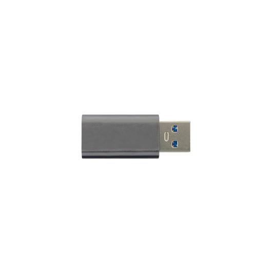 A USB data blocker in grey, featuring a standard USB connector and a USB-C port.