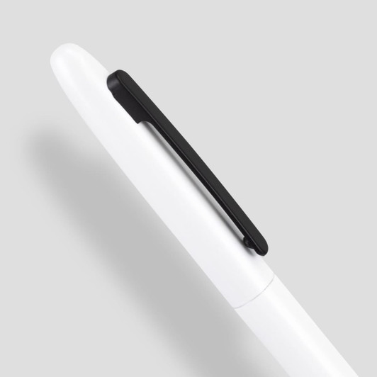 A white metal pen with a black clip positioned against a grey background. It features a simple design and branding.