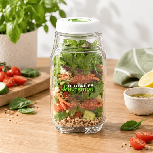 A glass salad jar filled with fresh vegetables, including lettuce, tomatoes, and cucumbers, featuring a logo.