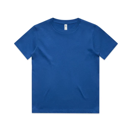 A blue youth t-shirt with a round neck and short sleeves, featuring a logo.