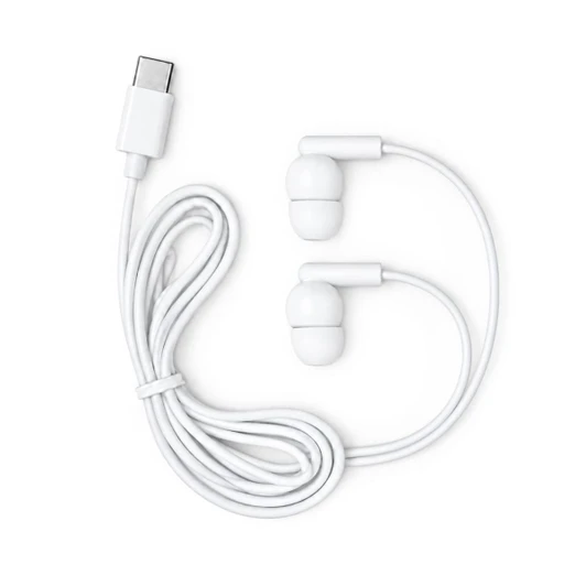 White Type C earbuds with a long cable, featuring a simple design and connector. Includes a logo.