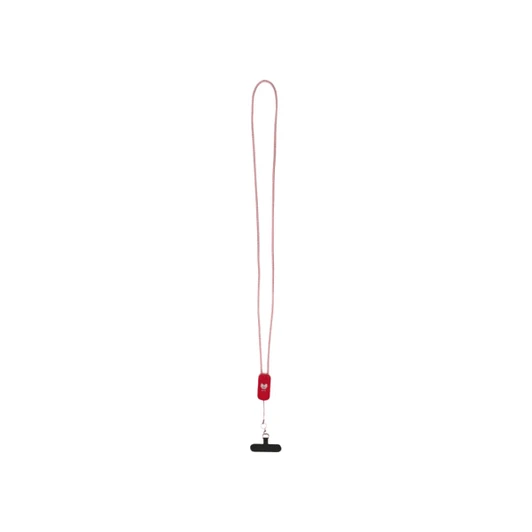 A red lanyard made from recycled plastic, featuring a built-in 27W 5-in-1 cable and a logo on the attachment.