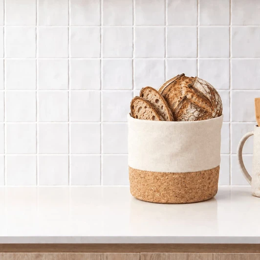 A bread basket in natural cork and cream fabric, filled with sliced artisan bread, placed on a kitchen counter.