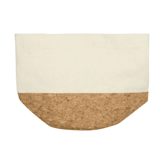 A bread basket featuring a cream upper section and a cork lower section, with a simple design and a logo.