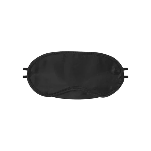 A black eye mask with elastic straps for comfort, featuring a simple, smooth design and a branding logo.
