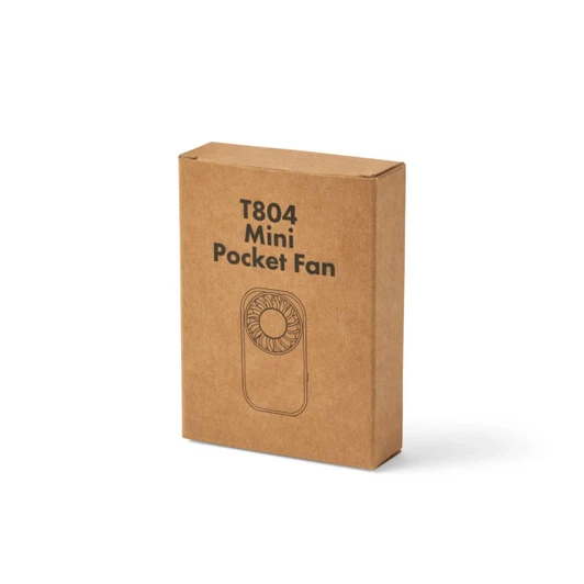 A cardboard box containing a mini pocket fan, featuring a simple design and a fan illustration on the front.