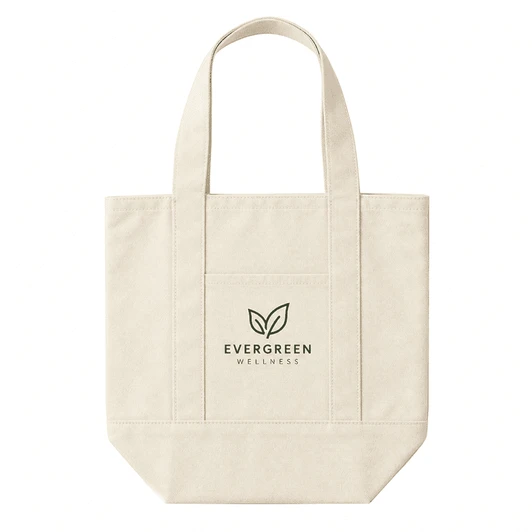 A cream-coloured mini canvas tote with two handles and a front pocket. It features a logo on the front.