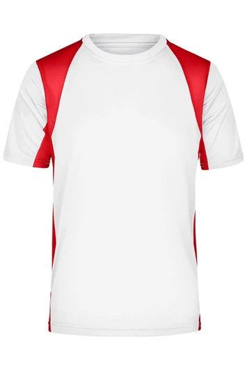A white t-shirt featuring red raglan sleeves and a logo on the front.
