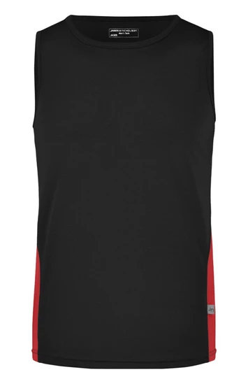 A black men's running tank top featuring red side accents and a logo. Simple and sporty design.