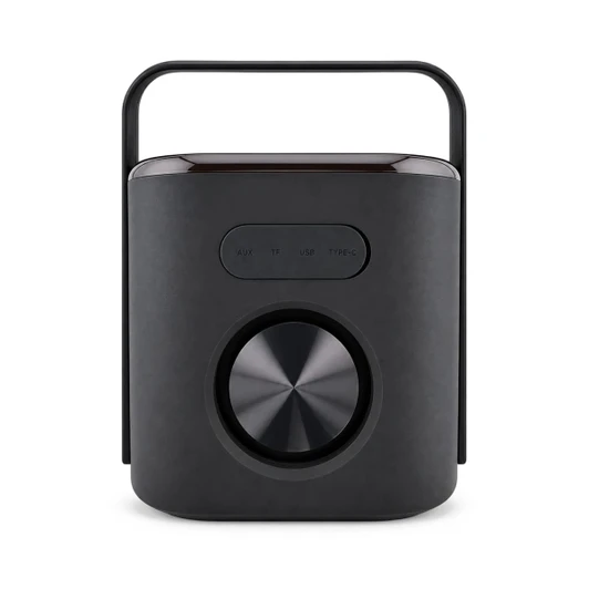 A black Hudson Bluetooth speaker with a circular control knob and a carry handle on top. It features a sleek design.