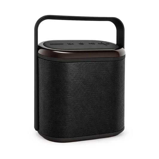 A compact black Bluetooth speaker with a handle and control buttons on the top, featuring a textured exterior.