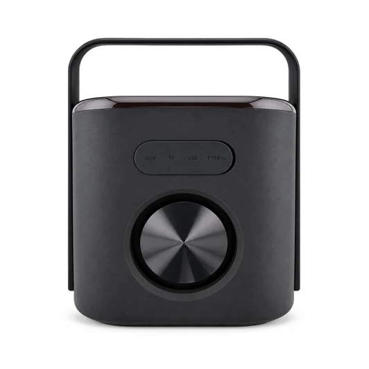 A black Hudson Bluetooth speaker with a round control dial and a handle at the top.