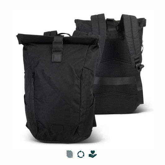 A black roll-up computer backpack featuring multiple compartments and adjustable straps. Includes a logo on the front.