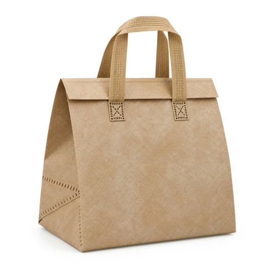 A tan cooler bag with two sturdy handles and decorative stitching, featuring a logo on the front.