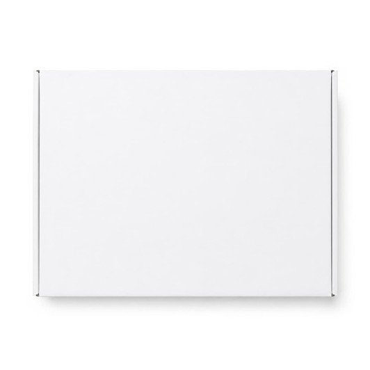 A white custom box with a locking lid, measuring 360 x 305 x 105mm, featuring a simple design.