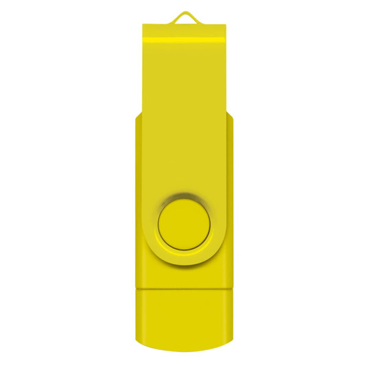 A yellow Helix 8GB dual flash drive with a swivel cap and an attached loop for convenience.