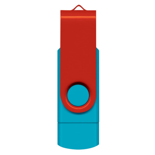 A dual flash drive in red and turquoise, featuring a swivel design and a loop for attachment.
