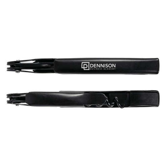 A black wine waiter's knife featuring a corkscrew and a logo. It has a sleek design suitable for elegant settings.