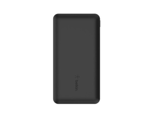A black power bank with a sleek design, featuring an integrated cable and a small logo.