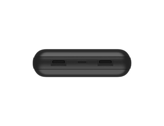 A black power bank with multiple ports visible on the side, featuring a sleek and compact design.
