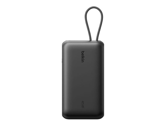 A black power bank with an integrated cable and a display, featuring a loop for easy carrying.