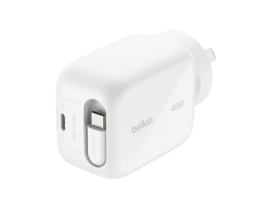 A white 45W retractable GaN wall charger featuring a compact design and a logo.