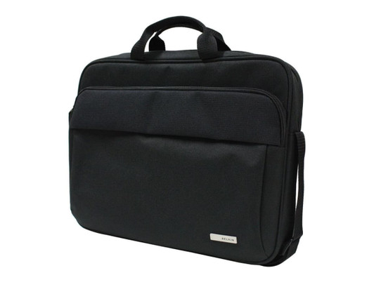 A black laptop bag with dual handles and a shoulder strap, featuring a front pocket and branding.