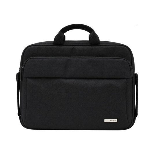 A black laptop bag with dual handles and a front zipper pocket, featuring a logo.