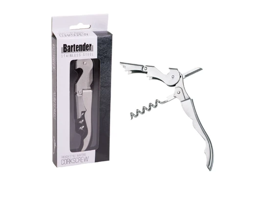 A stainless steel waiters corkscrew in packaging, featuring a metallic design with a logo.
