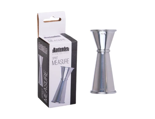 A stainless steel measure with a polished finish, featuring two measurement sizes of 15ml and 30ml, alongside its packaging.