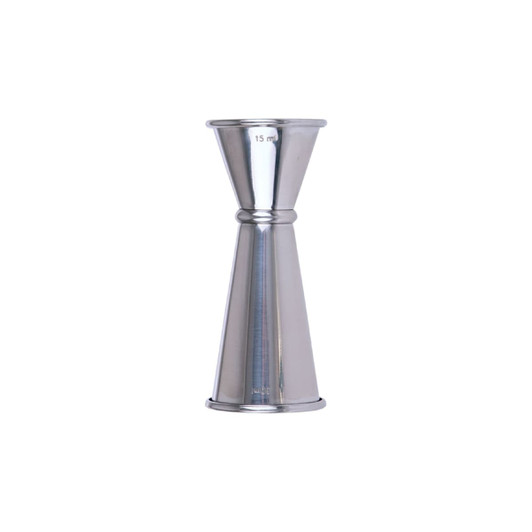 A stainless steel spirit measure featuring two graduated sections for 15ml and 30ml measurements. It has a shiny finish and a logo.