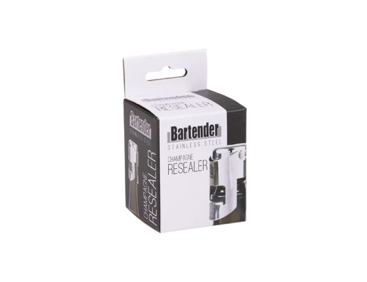 A stainless steel champagne resealer in a black and white package with a branding logo.