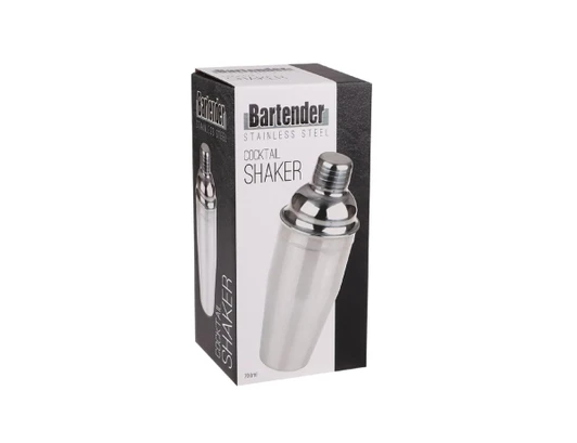 A cocktail shaker in a silver stainless steel finish, packaged in a black box with branding. Holds 700ml.