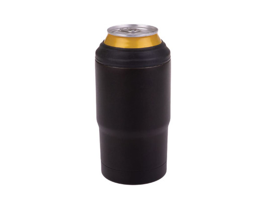 A drink bottle with a sleek black design and a metallic gold top, featuring a logo.