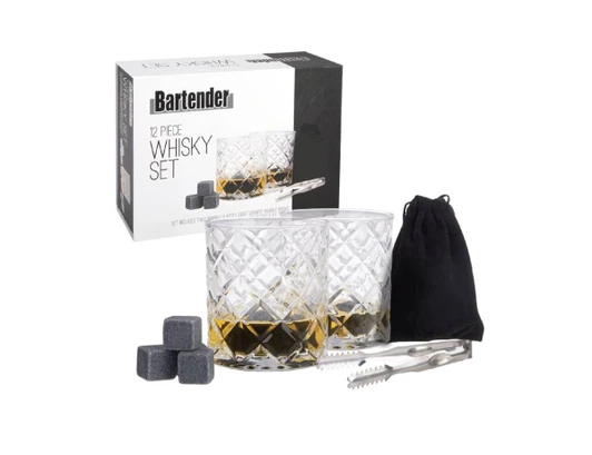 A whisky set featuring two crystal glasses, whisky stones, and tongs, presented in a black box.