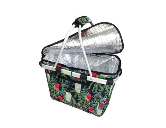 A black insulated carry basket with a tropical floral design, featuring a silver interior and a removable lid.