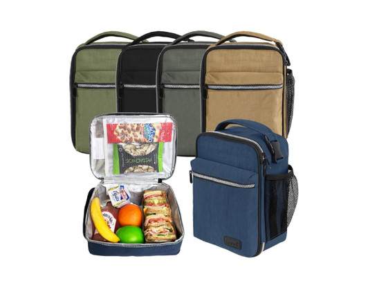 A selection of Sachi Insulated 'Explorer' Lunch Bags in black, green, khaki, and navy, filled with sandwiches and fruit.