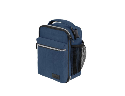 A navy blue insulated lunch bag with a zippered main compartment, front pocket, and a mesh side pocket. It has a logo.