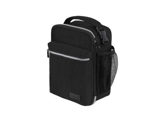 A black insulated lunch bag with a zippered pocket and a mesh side pocket. It features a logo on the front.