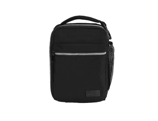 A black insulated lunch bag featuring a front zip pocket and a mesh side pocket, with a logo.