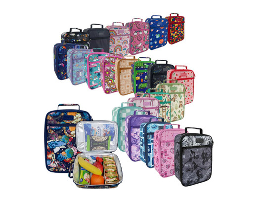 A variety of insulated junior lunch bags in different patterns and colours, with some featuring transparent fronts and contents.