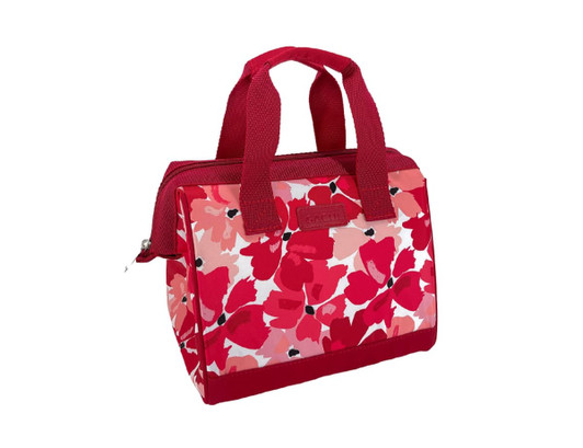 A floral insulated lunch bag in shades of pink and red with sturdy handles and a distinctive logo.