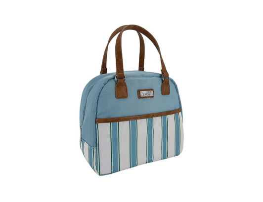 A blue and white insulated lunch bag with a striped pattern and brown handles, featuring a logo.